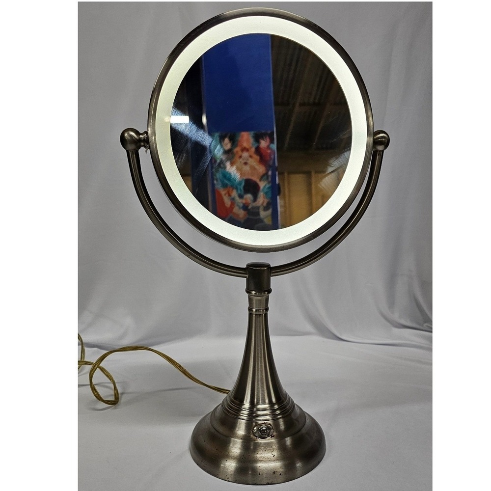 Vintage Lighted Makeup Mirror Brushed Nickel Double Sided Swivel Pedestal Vanity